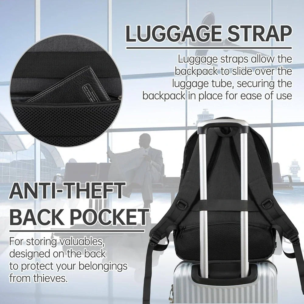 FD Explore The World Laptop Backpack Black Travel USB Charging Port 18 Inch Bag